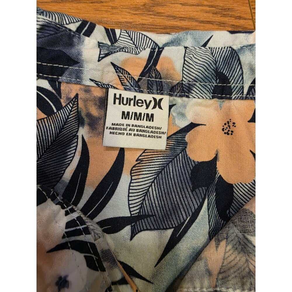 Hurley Button Up Shirt Mens Size M Tropical Hawaiian Short Sleeve Blue Peach EUC - Picture 2 of 11